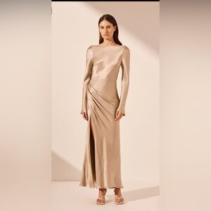 Shona Joy Champagne Satin Long Sleeve Draped Gown